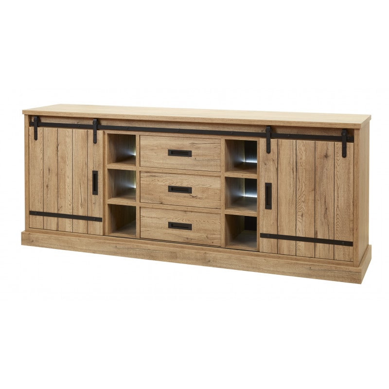 Matelpro - Buffet/bahut style rustique 225 cm coloris chêne Perrine - Moderne & Design -Chêne - Deux étagères intérieures -Types de portes: Coulissant