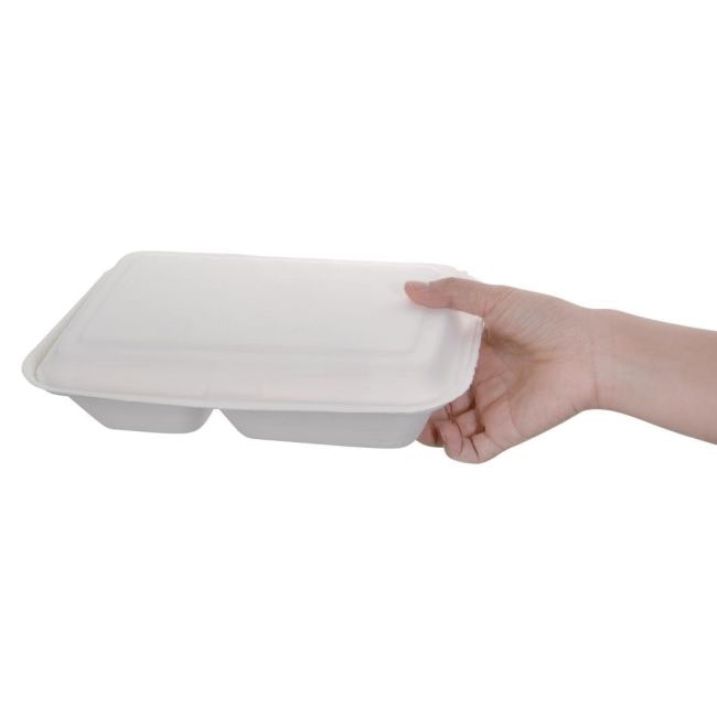 Fiesta Compostable - Kompostierbare Bagasse-Mahlzeitendosen mit Scharnierdeckel, weiß, 2 Teile (200 Stück)