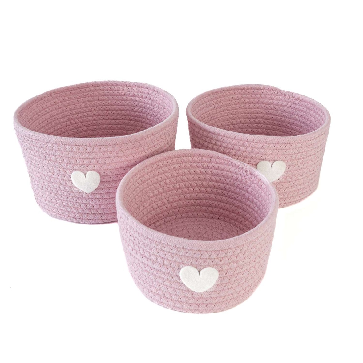 Intirilife 3-teiliges Aufbewahrungskorb Set Organizer in Rosa mit Herzaufnäher - 24 x 14 / 22 x 12.5 / 19 x 10 cm - Körbe für Regale Ablagen