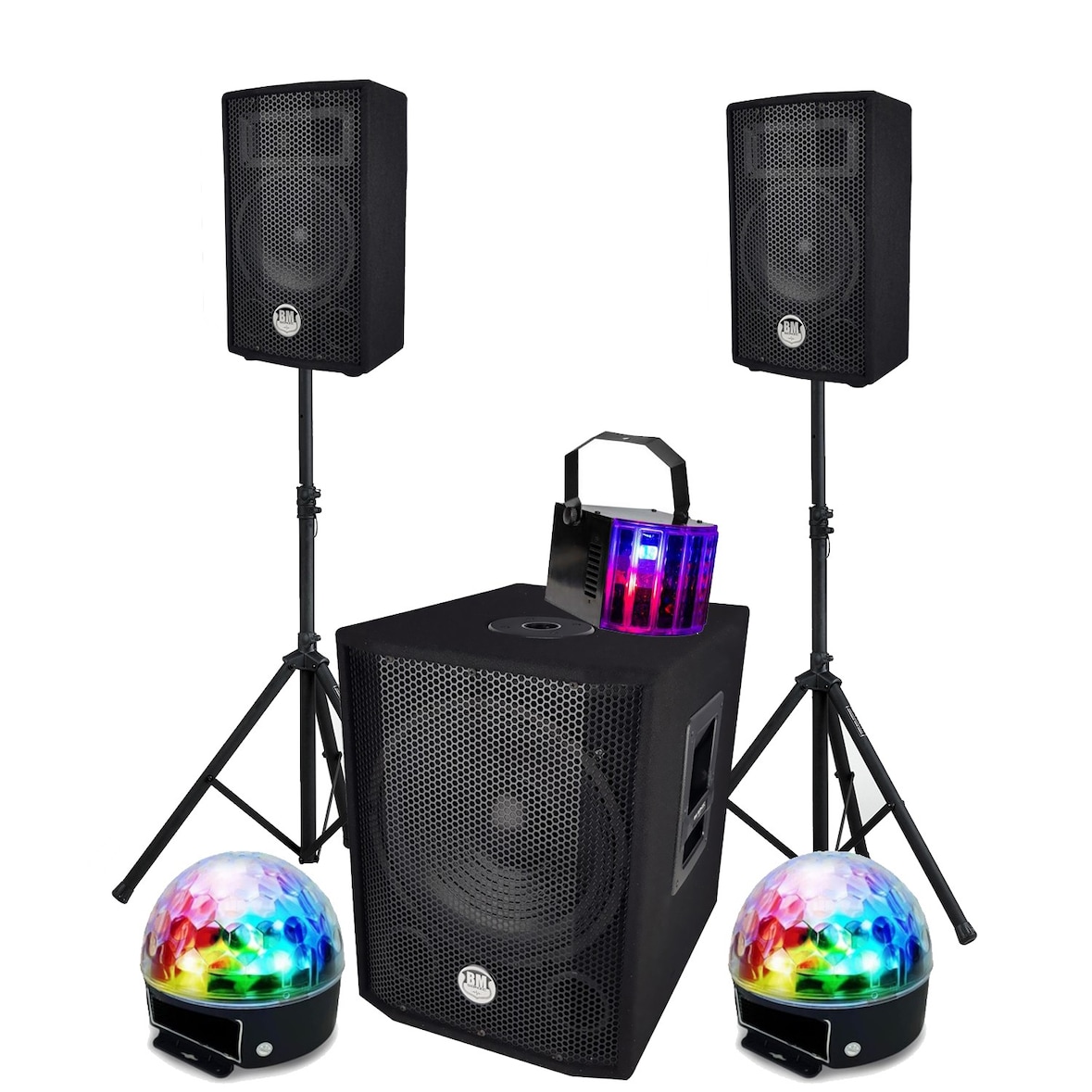 PACK SONO 1000W, USB Bluetooth Caisson bi-amplifié 600W, 30cm, 2 BALL6, Derby LED Animation mariage, Soirée, Salle des fêtes
