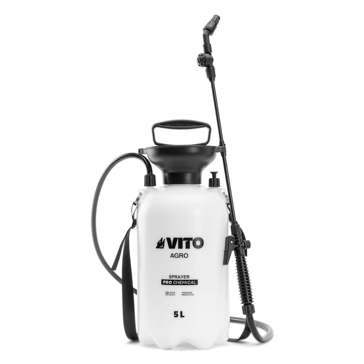 Spruzzatore a pressione da 5 l per prodotti aggressivi, trattamento del giardino, diserbo + lancia, 4 ugelli e cinghia di trasporto VITO