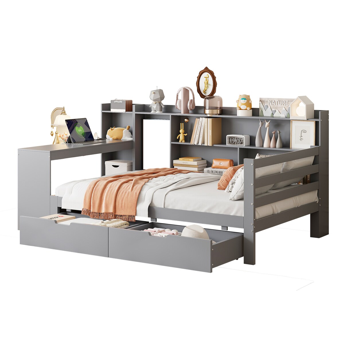 Multifunktionales Schlafsofa-Bett mit Schreibtisch aus Massivholz 90x200cm grau–Platzsparend mit Steckdose, Regalen & Schubladen für Wohnung