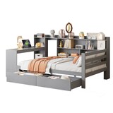 thumbnail of Multifunktionales Schlafsofa-Bett mit Schreibtisch aus Massivholz 90x200cm grau–Platzsparend mit Steckdose, Regalen & Schubladen für Wohnung
