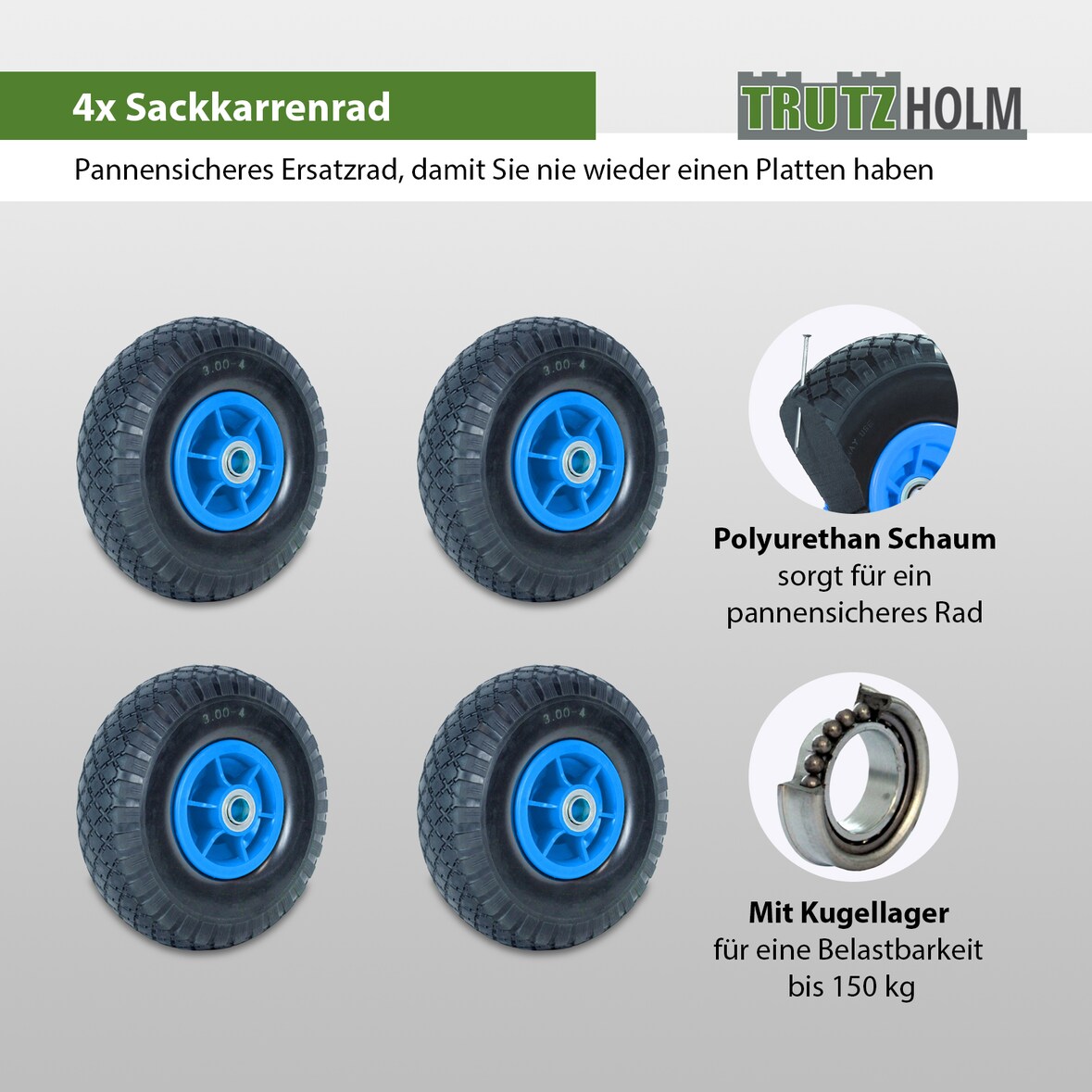 4x Sackkarrenrad PU-Rad 260x85 mm 3.00-4 60 mm versetze Nabe Ø 20 mm blau Vollgummi Bollerwagen