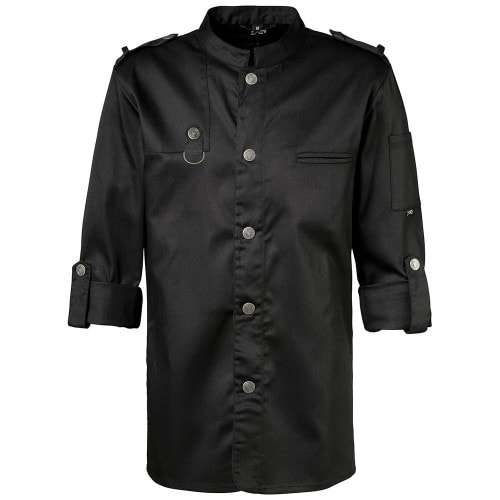 222 - Kochjacke Bikerstyle, Langarm verstellbar, Druckknöpfe : schwarz 65% Polyester 35%Baumwolle 220 g/m² M