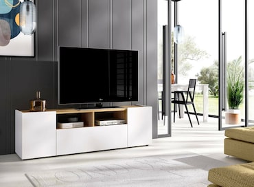 BTM Mobile TV Con Luci LED - 180x40x50 Cm, Bianco E Marrone, Per TV Fino A 80 Pollici, Stile Industriale Moderno, Con Ante In Vetro E Telecomando