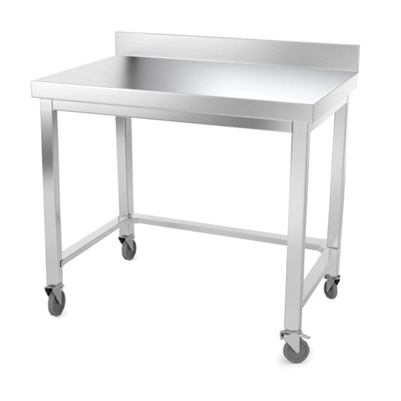 Table de travail en inox 1200 x 700 mm adossée avec renfort sur roulettes PREMIUM / GOLDINOX