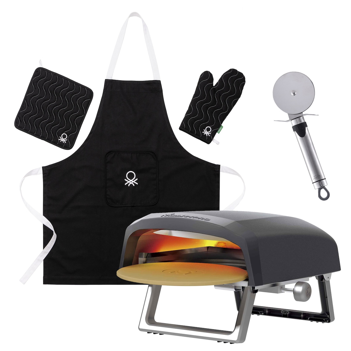 Masterpro - Forno de pizza a gás rotativo 64x42,5x30 cm até 500 ºC com cortador de pizza em aço inoxidável e conjunto de avental de 3 peças em preto