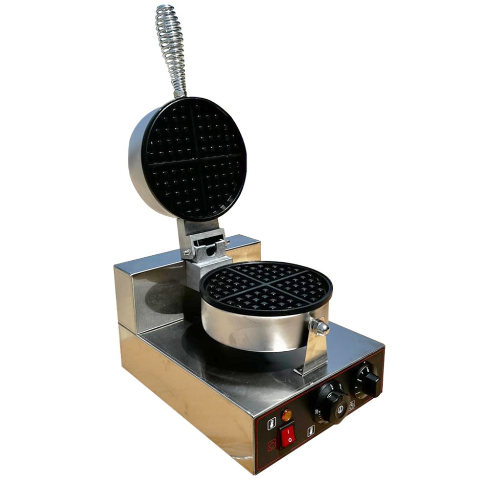 Gofrera redonda profesional de acero inoxidable para hosteleria. Maquina de gofres redondos de 18 cm de diametro para heladeria y restaurante.