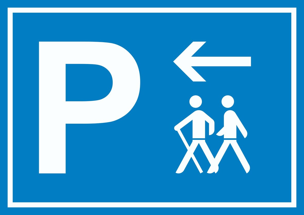 Wanderer Parkplatz mit Richtungspfeil links Schild waagerecht A3 Rückseite selbstklebend