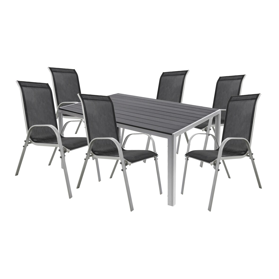 7tlg Gartenmöbel Set Alu silber Non-Wood 180x90cm + 6 Stapelstühlen