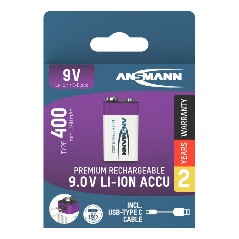 Ansmann 1315-0005 Batteria agli ioni di litio 9 V E-Block tipo 400 (min. 340 Mah) Confezione 1