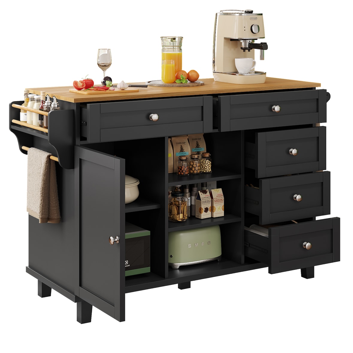 Küchenwagen Servierwagen Schwarz 134x46x92 cm mit 5 Schubladen Schrankfächern und Seitenregalen, mobil oder fest nutzbar, MDF Platte