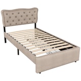 thumbnail of Polsterbett 90x200 mit Stauraum, Einzelbett mit zwei Schubladen, verstellbarer Nachttisch, gepolstertes Bettgestell Dunkelbeige