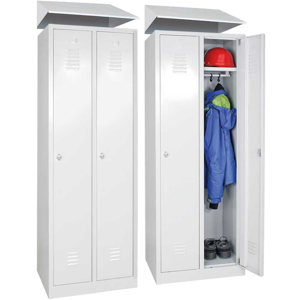 2X Stahl-Kleiderspind mit Schrägdachaufsatz, 2 Abteile je 300 mm breit, BxTxH 600 x 500 x 1800 mm, Korpus und Türen lichtgrau