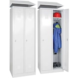 thumbnail of 2X Stahl-Kleiderspind mit Schrägdachaufsatz, 2 Abteile je 300 mm breit, BxTxH 600 x 500 x 1800 mm, Korpus und Türen lichtgrau