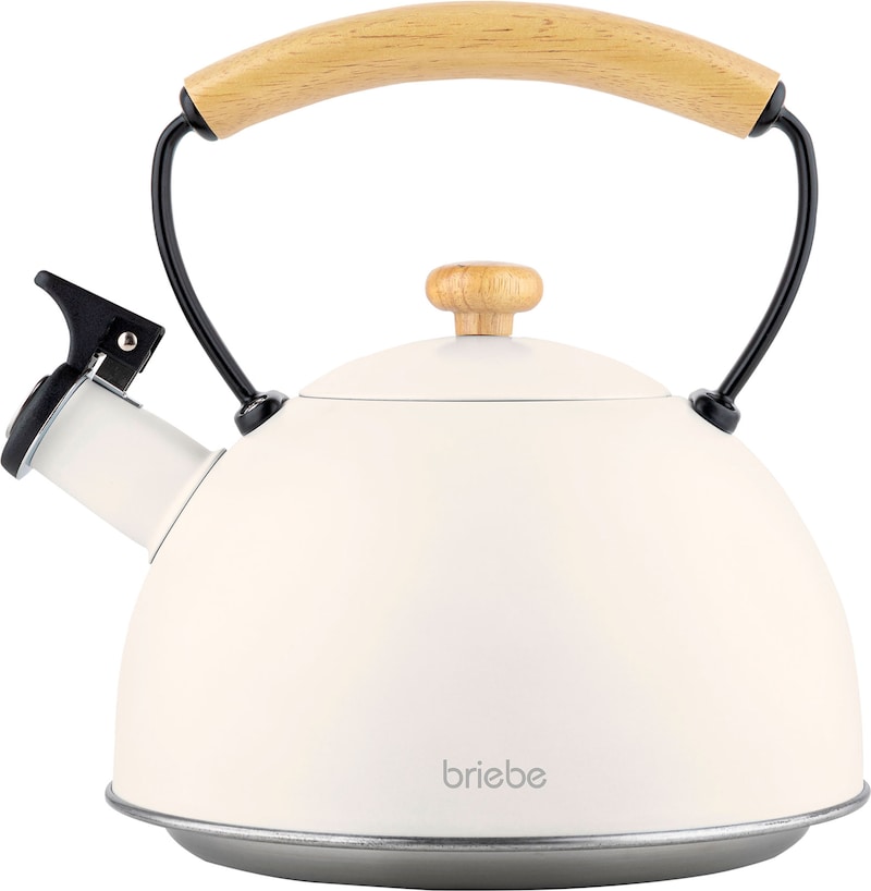 Briebe Nordic Wasserkessel Induktion Flötenkessel 2,5L Edelstahl, Holzgriff, Weiß