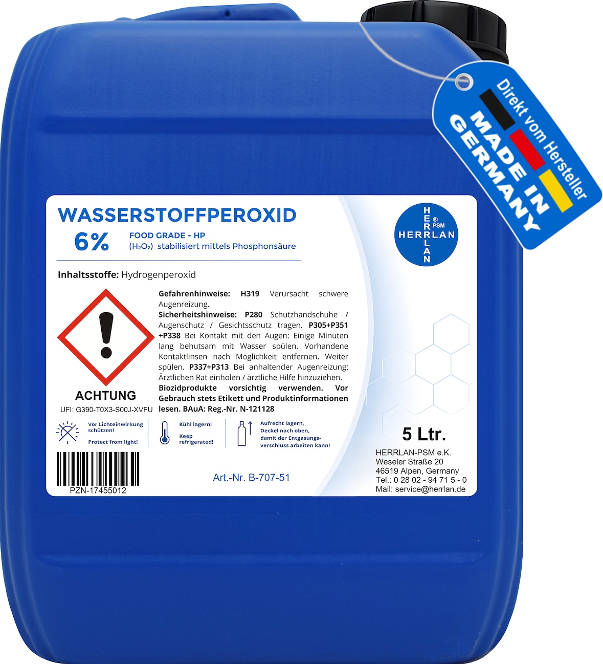 Wasserstoffperoxid 6% FOOD GRADE I 5 Liter I stabilisiert I PZN-16569653  I Made in Germany