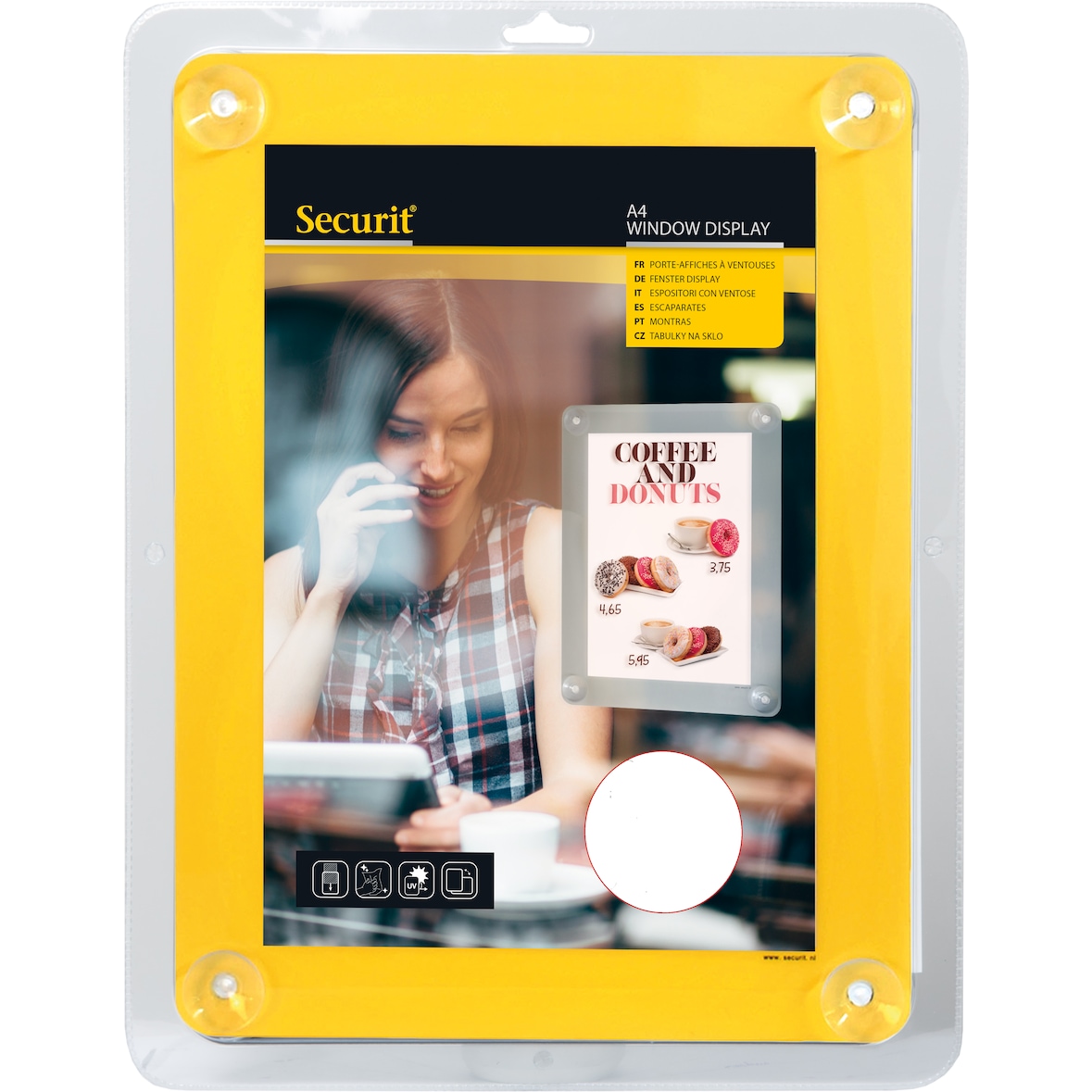 Securit® Plakathalter A4 für Schaufenster - Gelb - Mit 4 Saugnäpfen - Beidseitig