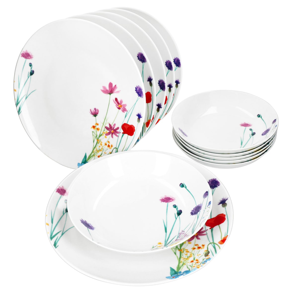 12tlg Tafelservice Marie Porzellan 6 Personen Speiseteller Suppenteller Blumen