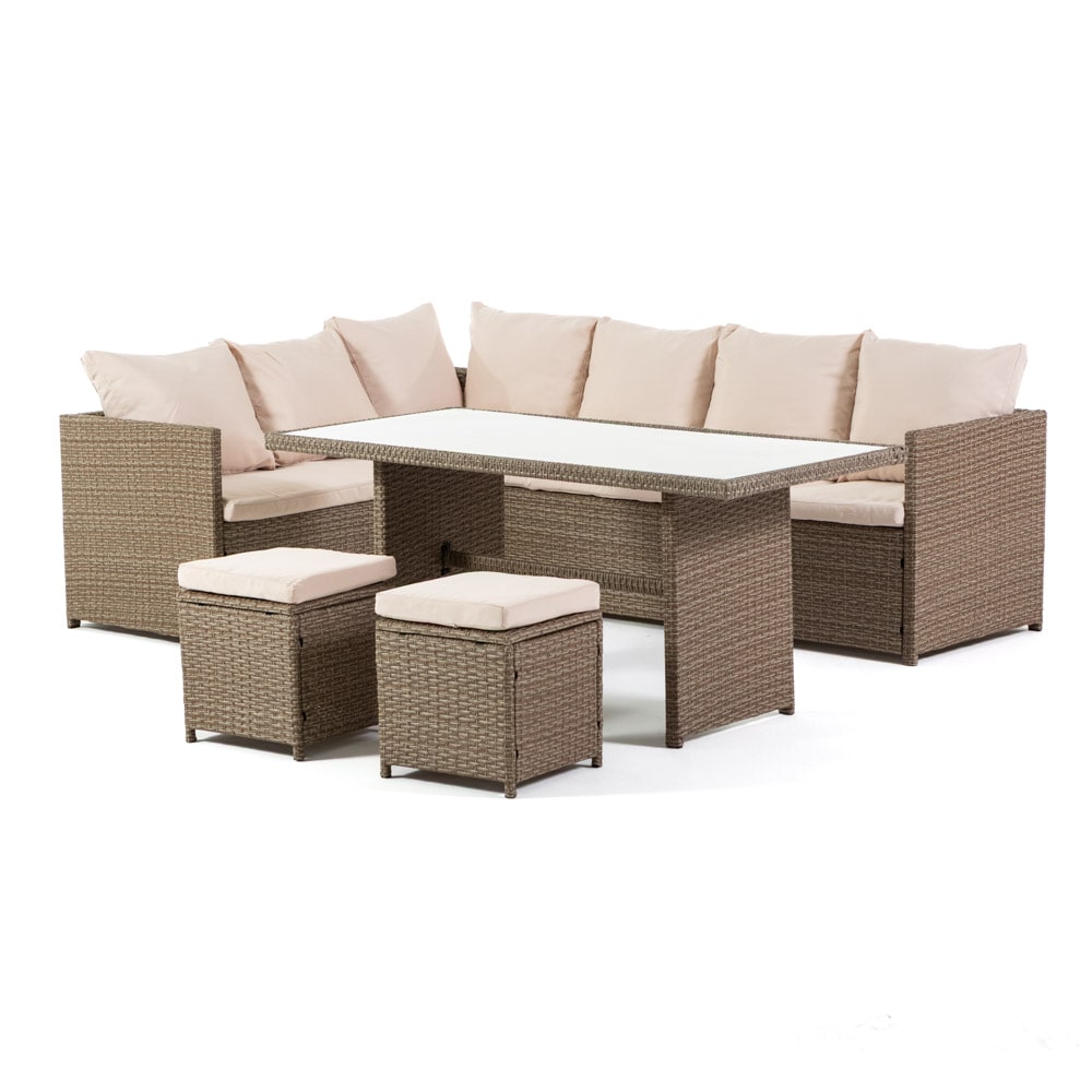 Set da giardino in polyrattan, divano angolare 7 posti, 2 pouf, tavolo 140x70cm con top in vetro temperato, elegante, per terrazza, giardino - SIENA