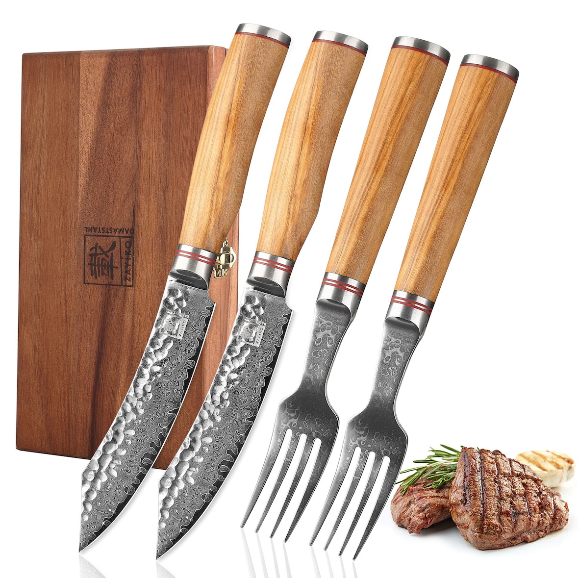 Zayiko Minami Damast 2er Steakbesteck-Set 12 cm Klingen Olivenholzgriffe Holzbox