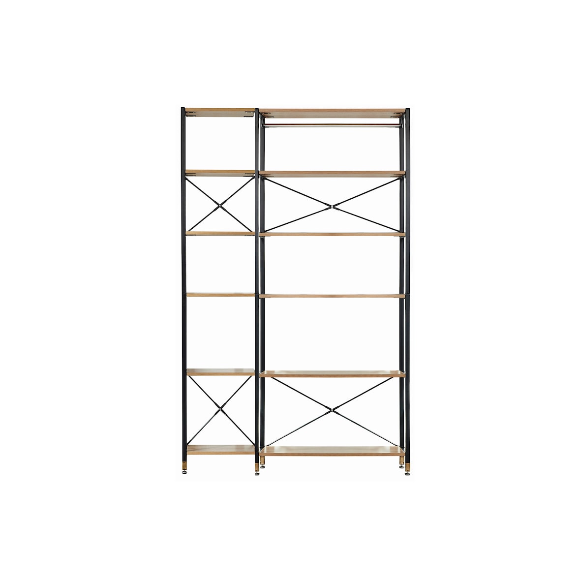 Möbilia Regal-Set | 1 breites Regal, 1 schmales Anbauregal | MDF mit Akazie-Dekor, Gestell Metall | B 127,5 x T 30 x H 210 cm | natur-schwarz