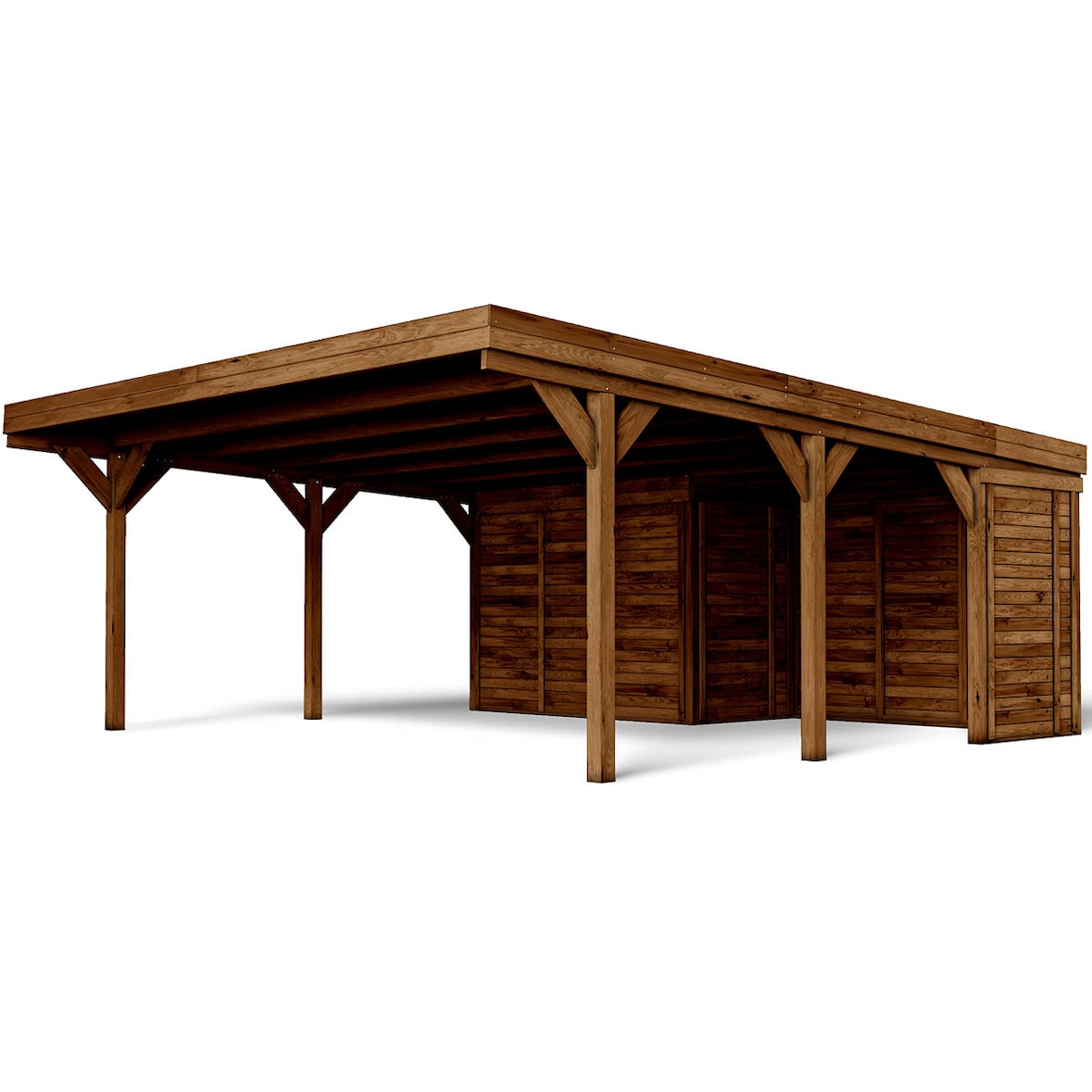 MF - Cochera Doble León 39 m² (8,06 x 4,82 x 2,57 m) de Madera de pino Tratada con Techo de Policarbonato y Anexo de Almacenaje Resistente