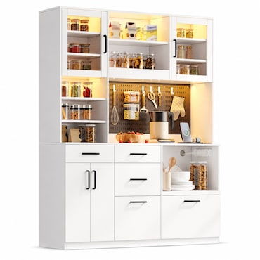 Merax Keukenkast 145 x 40 x 185 cm met led en stopcontacten, buffetkast, werkblad en 5 laden, wit