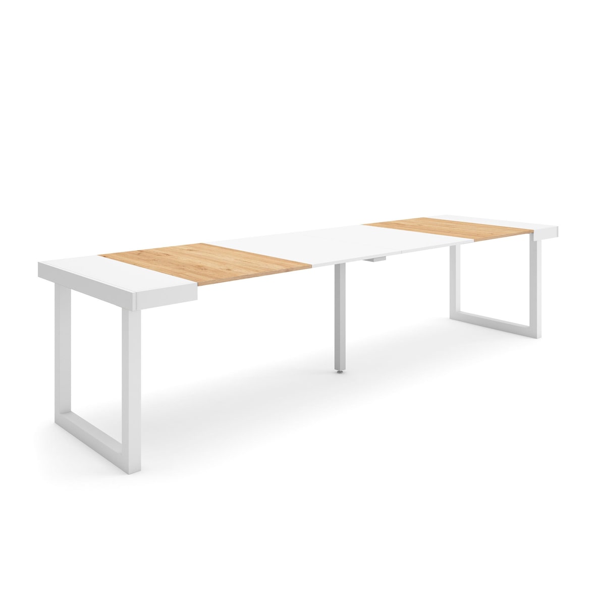 Consolle allungabile, Tavolo consolle allungabile, 302x90x73cm, Per 14 persone, Gambe in legno, Stile moderno, Rovere e bianco _ 372_37