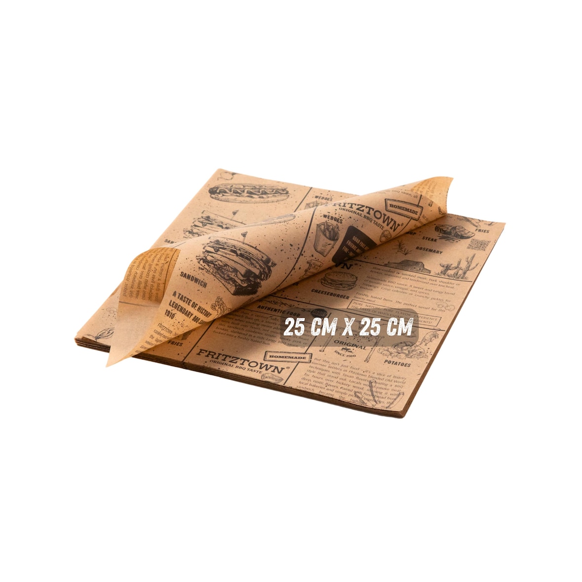 Einschlagpapier fettabweisend 25x25 cm Braun – 100 Blatt | FRITZTOWN® DELI Paper | Burgerpapier | Sandwichpapier  |  Verpackungspapier Lebensmittel