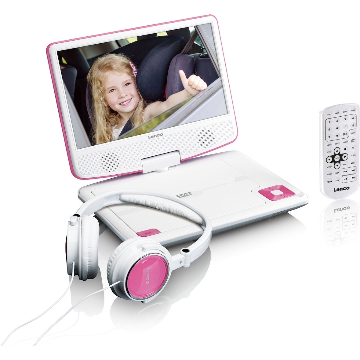 LENCO DVP-910 9- DVD-Player + USB & KfZ-Halterung, pink/weiß.