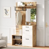 thumbnail of Flur Schuhbank 100x38.5x190 cm mit Spiegel Hochglanz Sitzbank Garderobenschrank mit Klapptüren Aufbewahrungsschrank Weiß Holzoptik