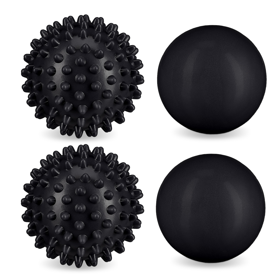 Relaxdays Massageball 4er Set, Igelball & glatter Lacrosse-Ball, Ø 6,5 & 6 cm, Selbstmassage, Faszienball hart, schwarz