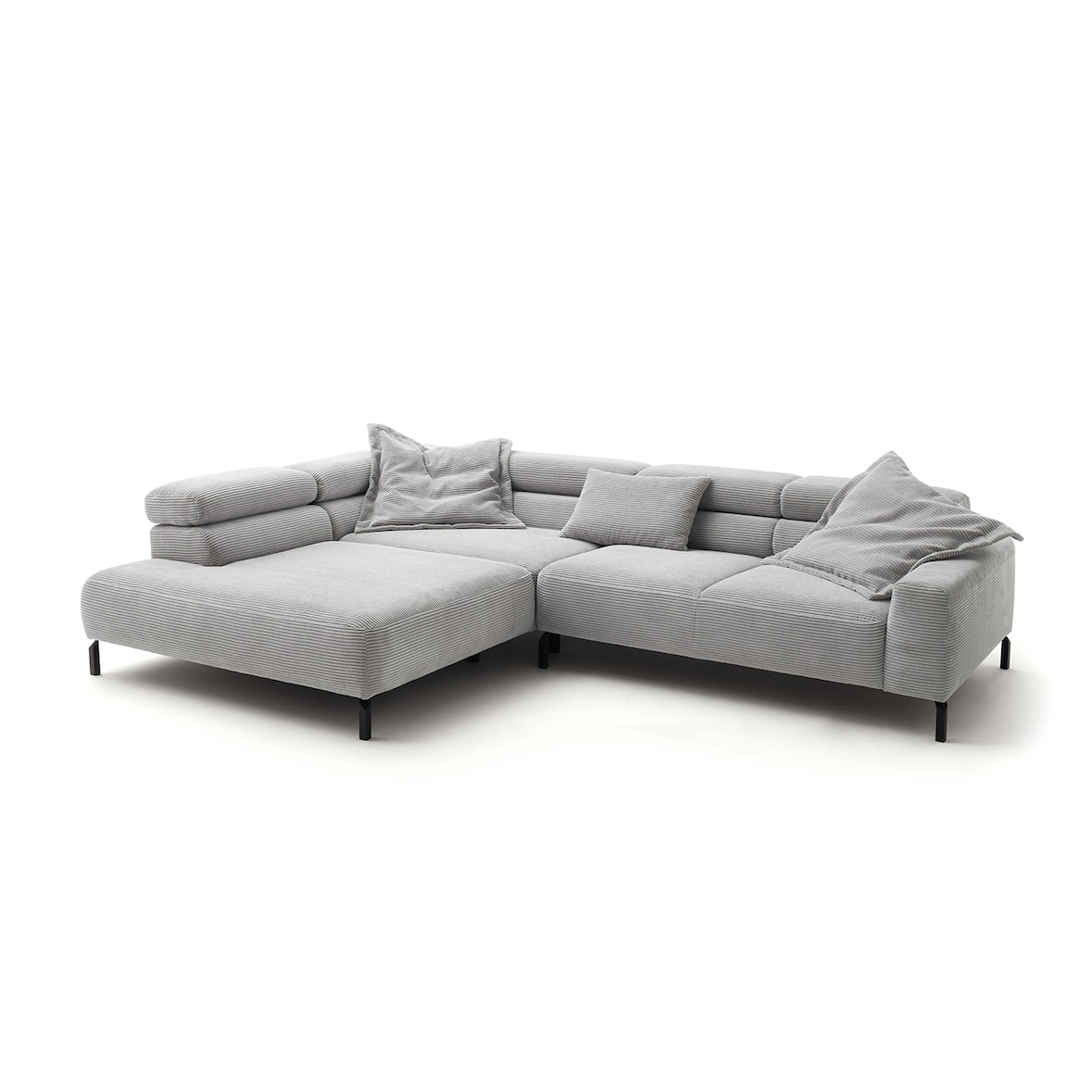 KAWOLA Sofa DELIA Ecksofa Cord hellgrau mit motorischem Sitzvorzug Recamiere links