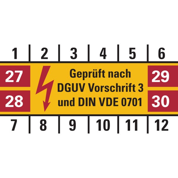 Prüfplakette ab 27, DGUV Vorschrift 3 & DIN VDE 0701 - Bogen = 10 Plaketten - 50 x 25 mm Folie selbstklebend