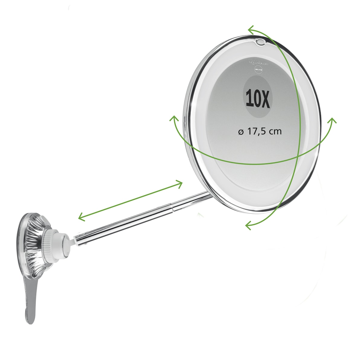 MACOM Perfect Mirror Specchio cosmetico ingrandente 10 X estensibile e orientabile con potente ventosa a ghiera 229