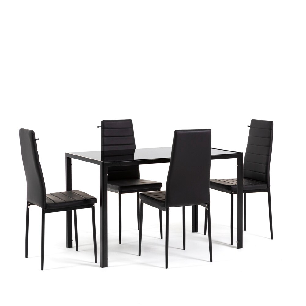 Conjunto de comedor con 4 sillas y mesa rectangular, conjunto de cocina, estilo moderno, tablero de vidrio,sillas de piel sintética-Ettore+Lidia/Negro