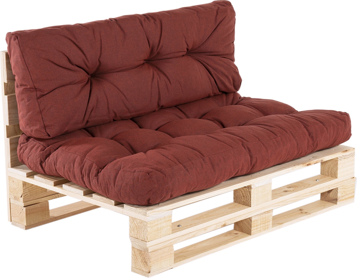 Sofá de palet + cojín de asiento 80x120x16 cm + cojín respaldo 42x120x16 cm color rojo Olefin. Repelente al agua