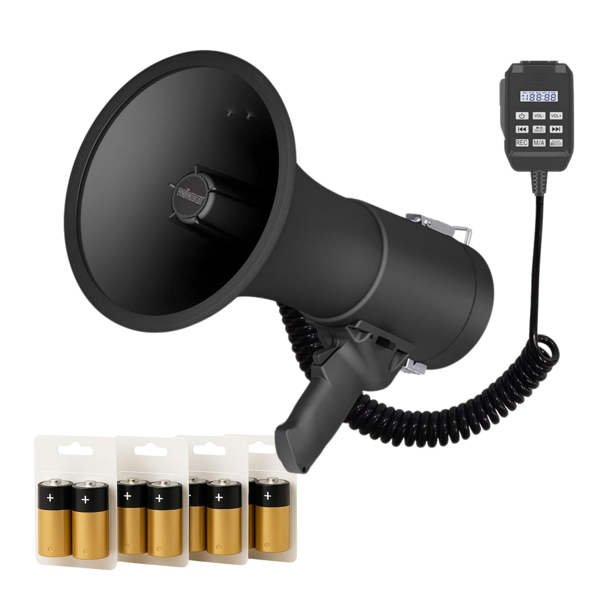 Velleman Mégaphone 50 W avec sirène, piles incluses, Bluetooth, USB, enregistrement 700 s, micro à main, portée 1200 m, 120 dB