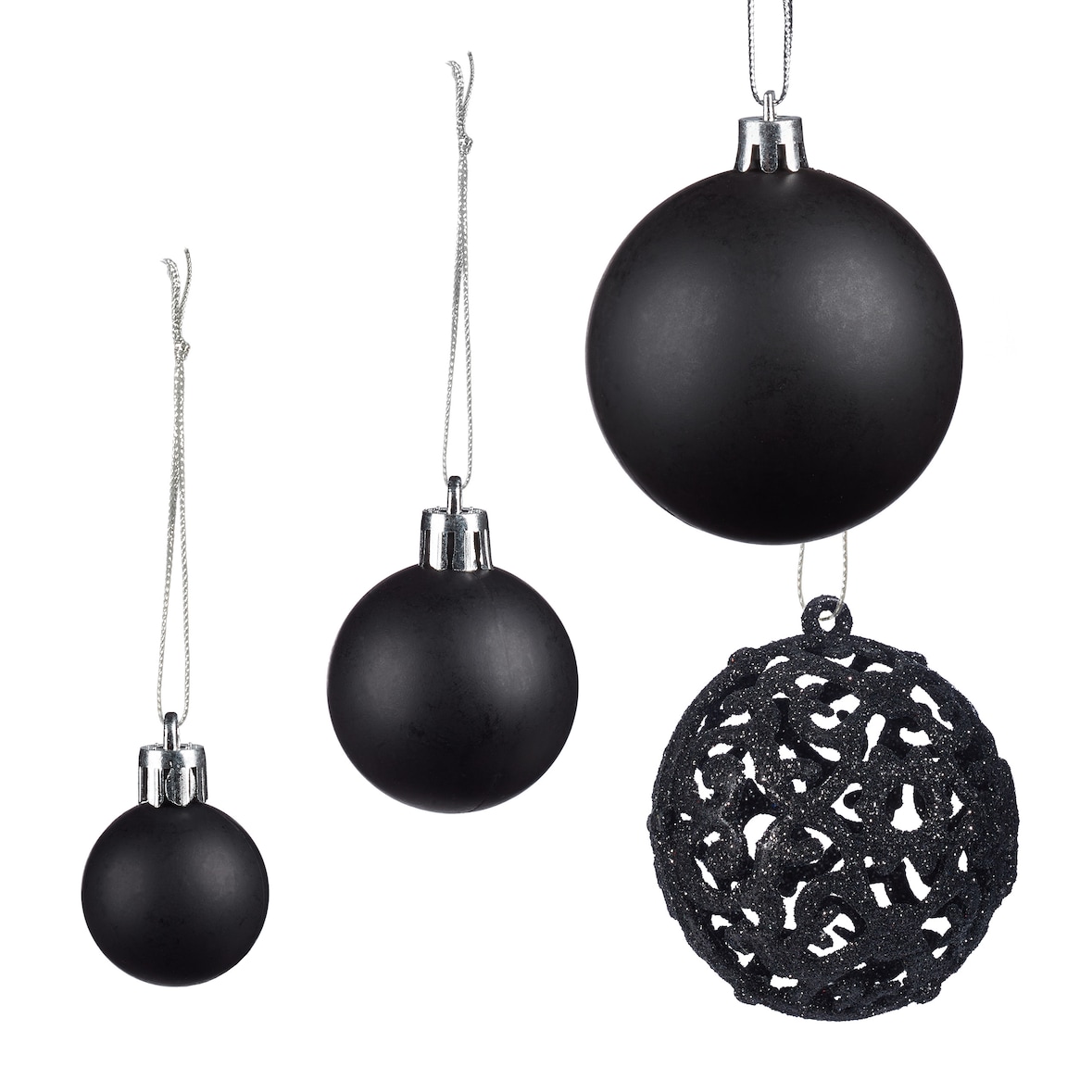 Relaxdays Weihnachtskugeln 50er Set, glitzernde, matte & glänzende Christbaumkugeln, Kunststoff, ∅ 3, 4 & 6 cm, schwarz