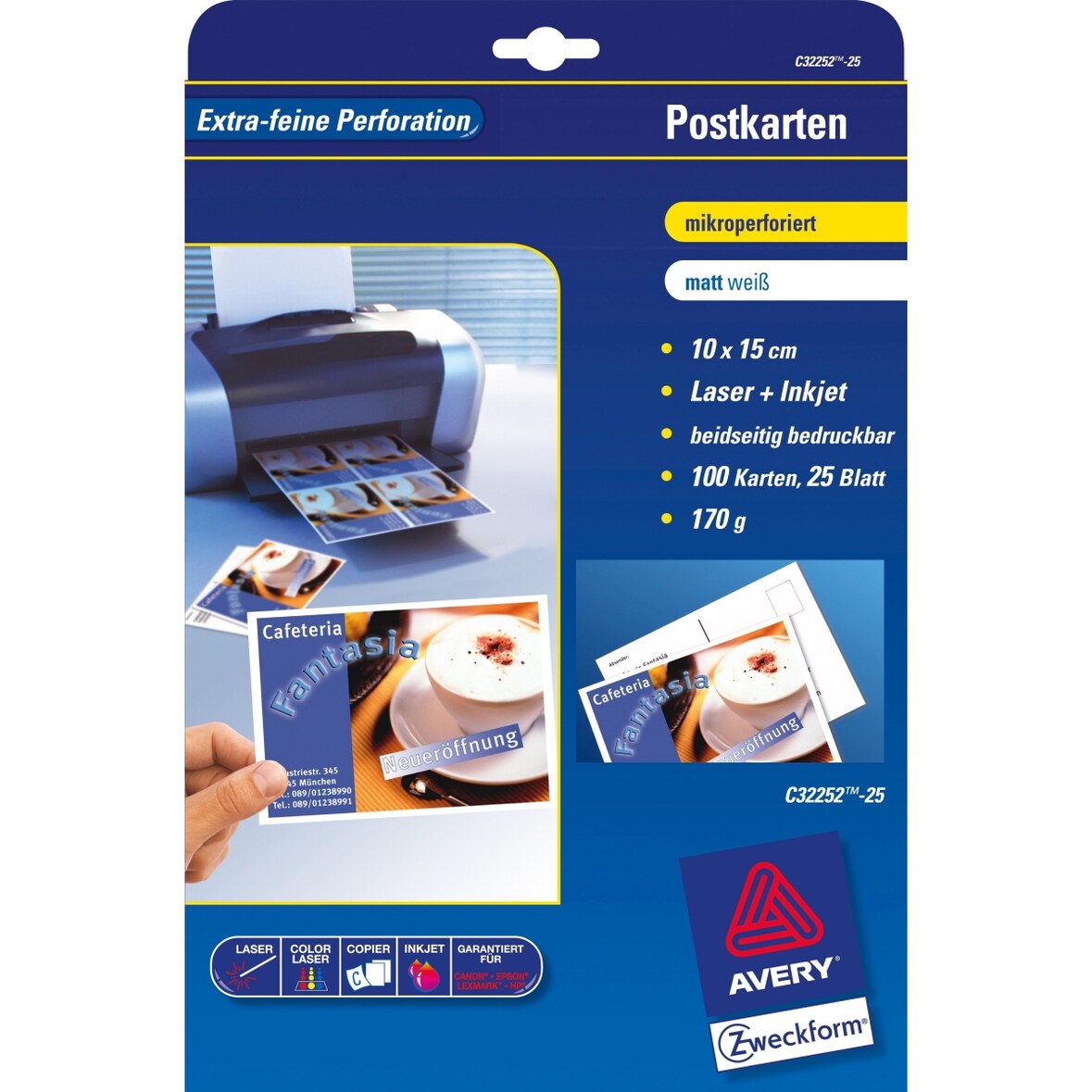 Postkarten 148x105 mm 170 g/qm beidseitig beschichtet matt 100 Stück Packung mit 5 Stück