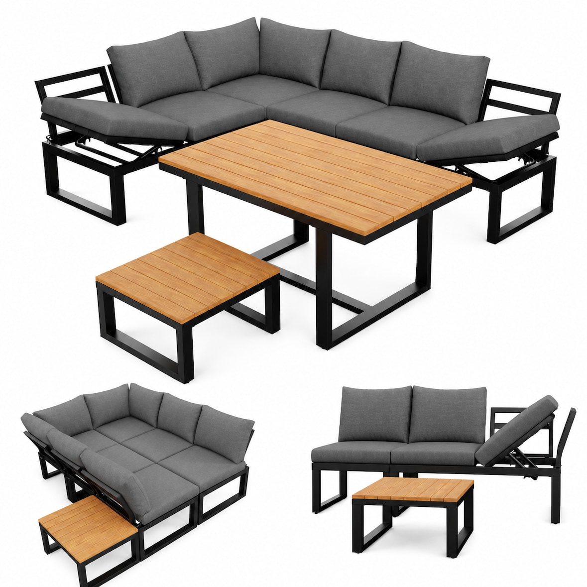 Merax Modulaire tuinloungeset 6-delig, verstelbare rugleuning, 2-in-1 bank & Liegefläche, met tafel & salontafel, grijs