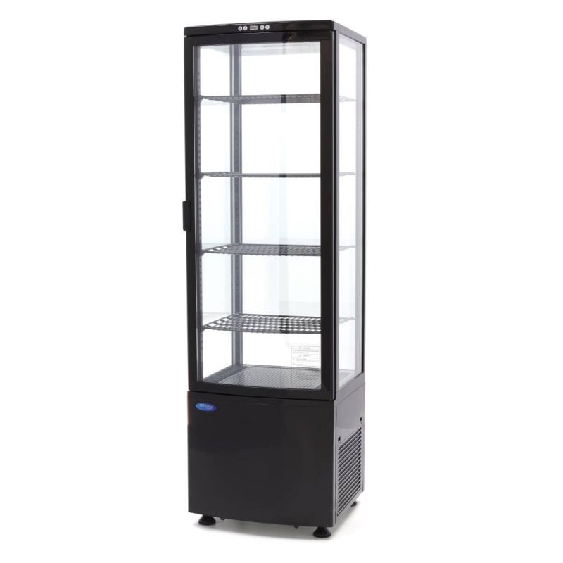 Maxima - 9400816 Vitrina refrigerada 235 L negra cristales en 4 lados refrigeración por ventilador LED cerradura 0-12°C 51.5x48.5x169 cm