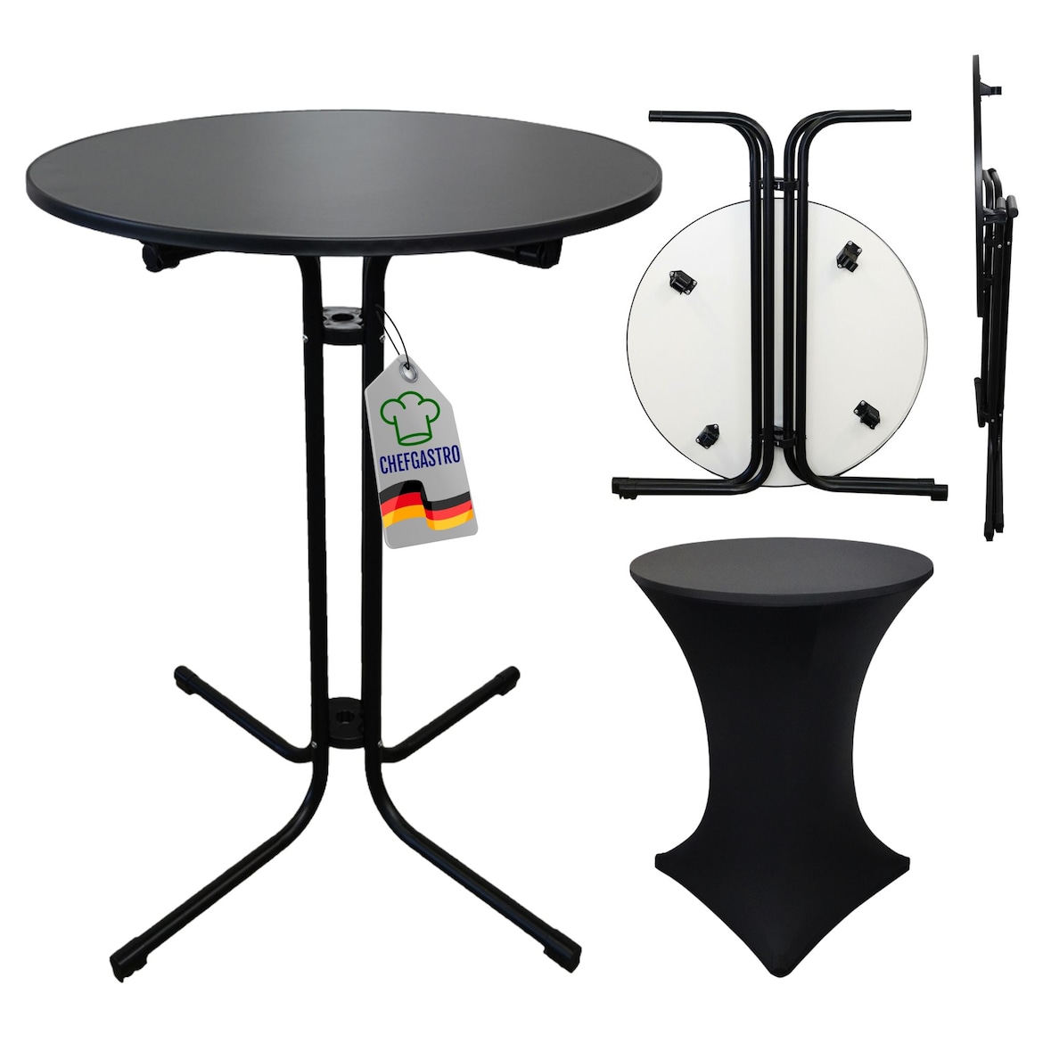 CHEFGASTRO Stehtisch mit Hussen klappbar Rund Rund HxØ 110x80cm Bistrotisch Stahl MDF-Platte mit Edelstahlbeschichtung Schwarz wetterfest Gartentisch
