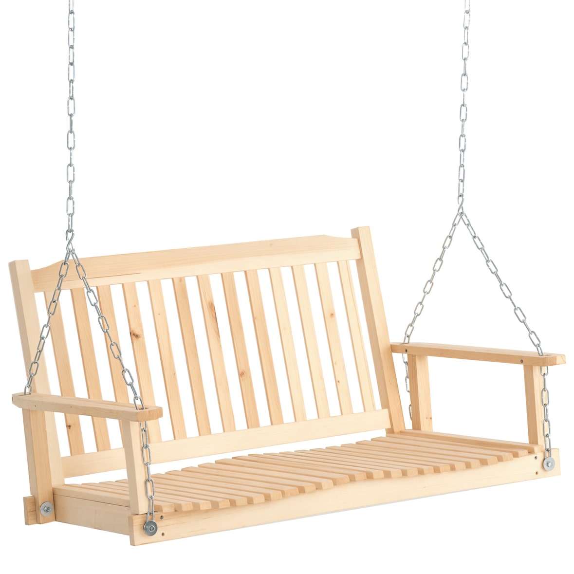 Outsunny banco columpio de madera de 2 plazas con reposabrazos cadenas ajustables y diseño listones carga 200 kg para jardín 117x69x60 cm natural