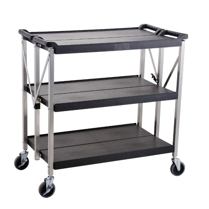 METRO Professional Carro de servicio GFT1003, plástico / aluminio, 51 x 93 x 93 cm, plegable, 4 ruedas/2 frenos, 3 estantes, 50 kg por estante, negro