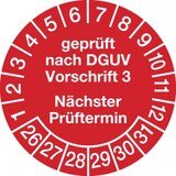 thumbnail of Prüfplakette ab 26, DGUV Vorschrift 3 Nächster Prüftermin, rot/weiß, Folie, Ø 30mm - Bogen = 10 Plaketten - 30 mm Folie selbstklebend