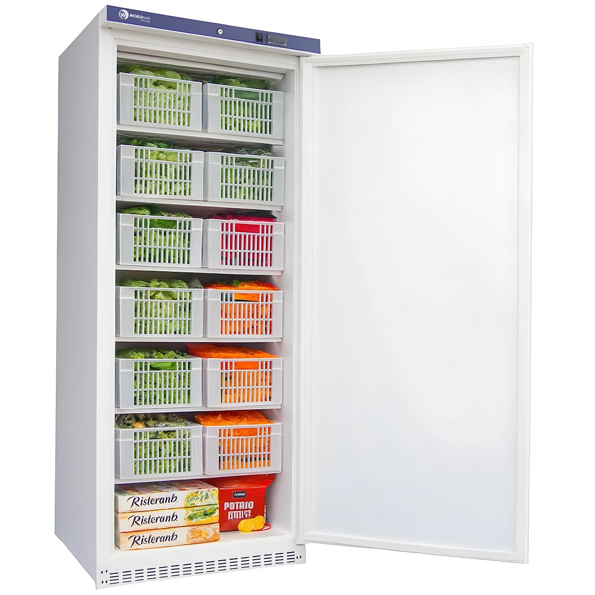 Congelador vertical industrial Worldmai de 600 litros con cestas para hostelería. Armario de congelación profesional para bar y restaurante.