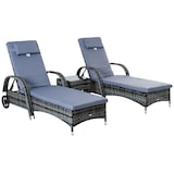 thumbnail of Sonnenliegen-Set Metall & Polyrattan Grau, 3-teilig mit 2 verstellbaren Gartenliegen, Beistelltisch, Rollen, wetterfest